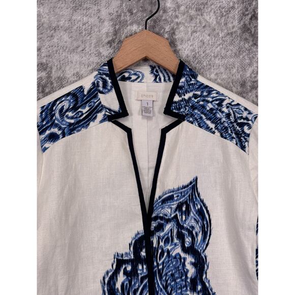 Chicos Jacket 1 / Medium Womens Linen White & Blue Paisley Spring Summer - Picture 2 of 7